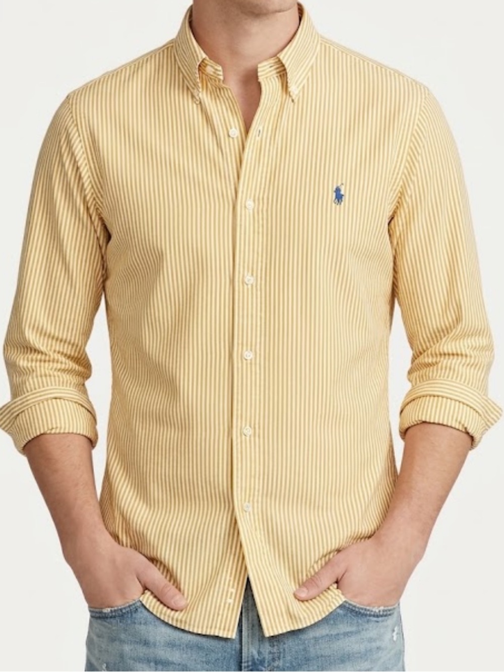 Ralph Lauren Yellow White Striped Cotton Classic Fit Button Down Shirt